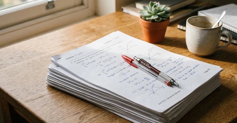 Stack of exam papers representing large-scale department grading
