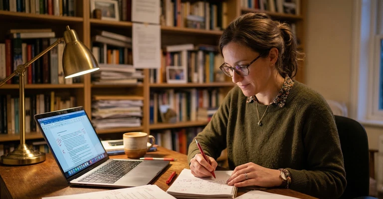 Individual academic reviewing exam papers at their desk
